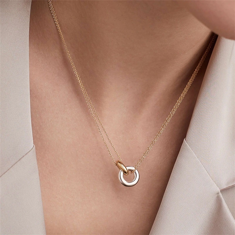 New Stainless Steel Two-color Plating Necklace Geometric Round Pendant