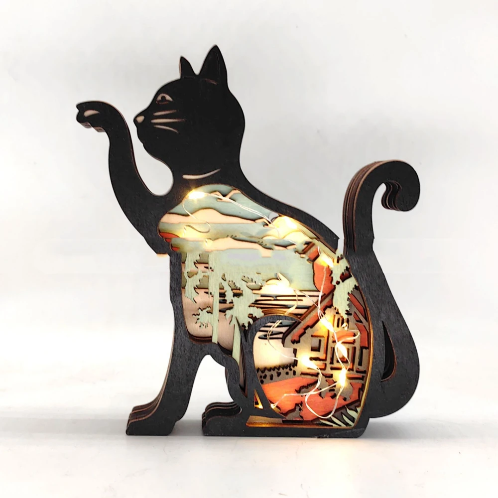 Home Wooden Kitten Modeling Crafts Carving Ornaments