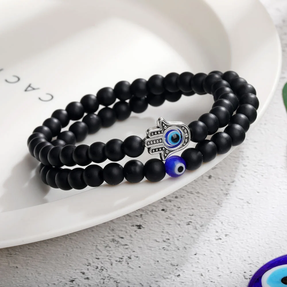 6cm Black Glass White Turquoise Colored Glaze Beaded Devil's Eye Bracelet Set