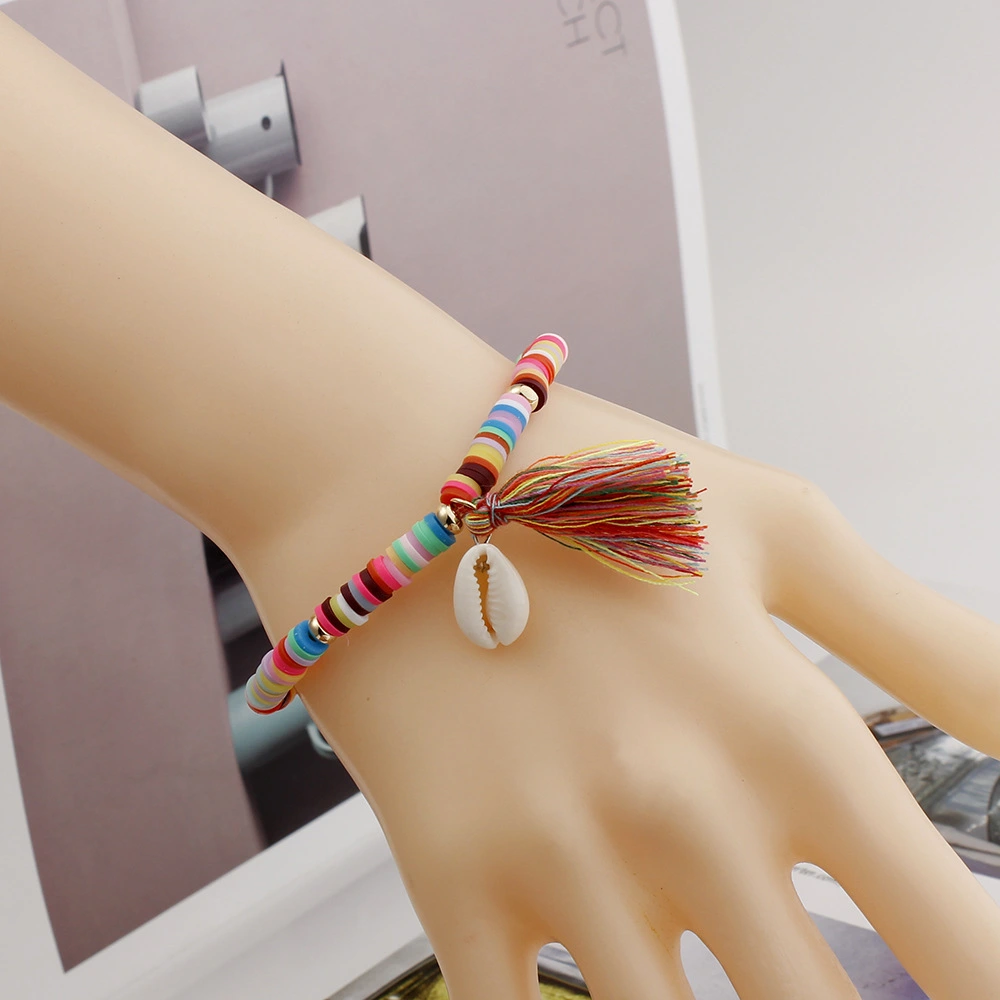 Bohemian Rainbow Ornament Colorful Polymer Clay Bracelet Shell Tassel Bracelet