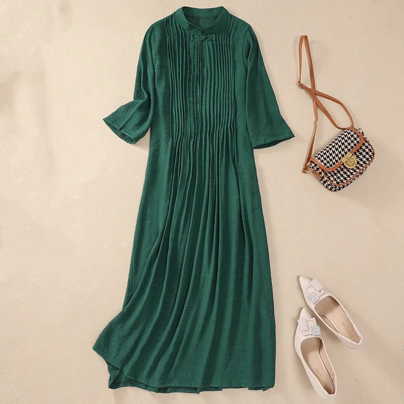 Mid-length Loose Cheongsam Cotton And Linen Dress