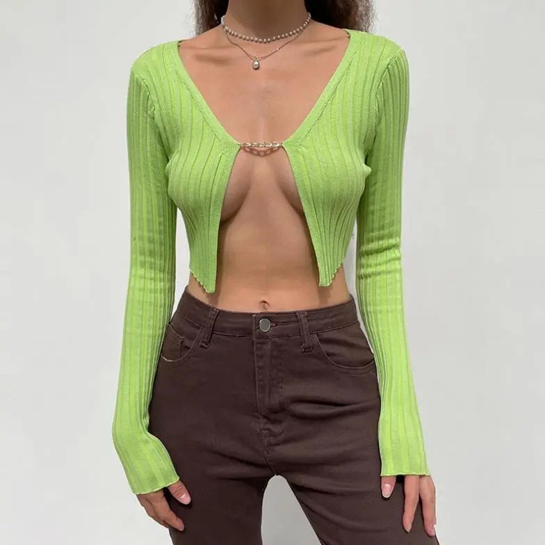 Women's Y2k Long Sleeve Rib Knit Cardigan Crop Top