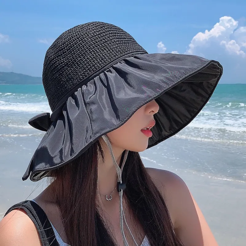 2023 Women's Summer Vinyl Bowknot Hollow Anti-ultraviolet Big Brim Covering Face Sun Hat Sun Hat