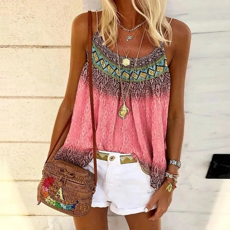 2023 summer loose casual crewneck printed camisole vest
