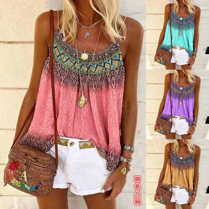 2023 summer loose casual crewneck printed camisole vest