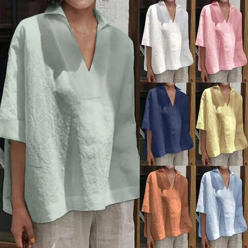 2023 spring and summer women's V-neck cotton and linen all-match loose mid-sleeve shirts