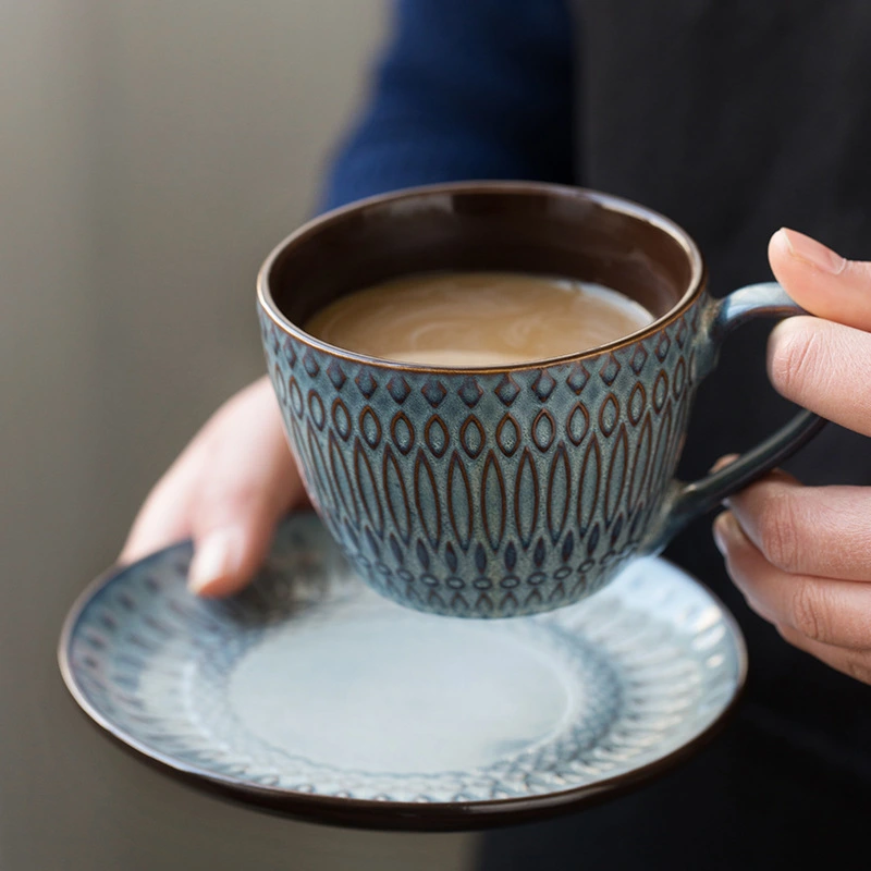 Mug Ceramic Embossed Coffee Cup And Saucer Vintage Latte Garland