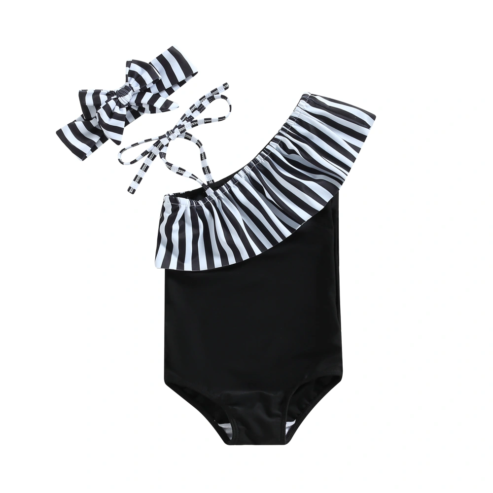 Kids Girls Bikini Set, Sleeveless Ruffled Stripes Patchwork Swimsuit with Bowknot Headband for Summer Beach