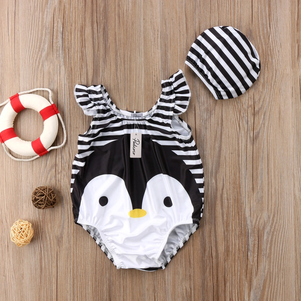 Toddler Baby Girls Jumpsuit Swimsuit Penguin Ruffle Sleeveless Swimwear + Elastic Strip Hat