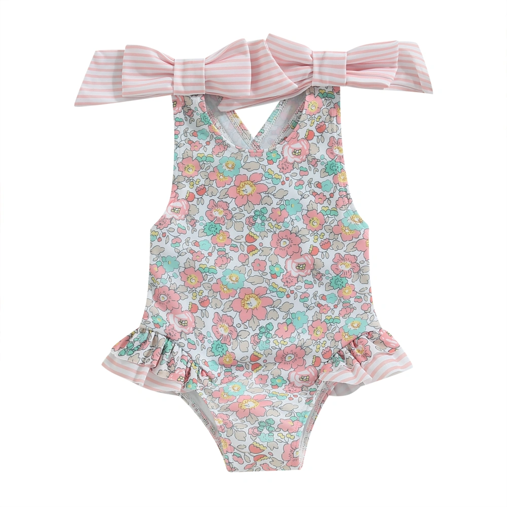 Kids Baby Girls Summer Swimsuit, Sleeveless Cross Backless Floral Print Ruffle Bathing Suit