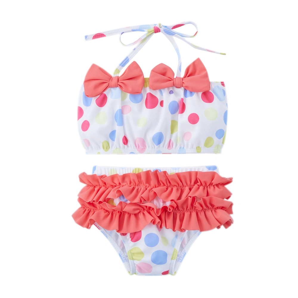 Kids Girl Swimming Halter Bra + Briefs, Bow Decoration Dots Print Ruffle Decoration Summer Clothing