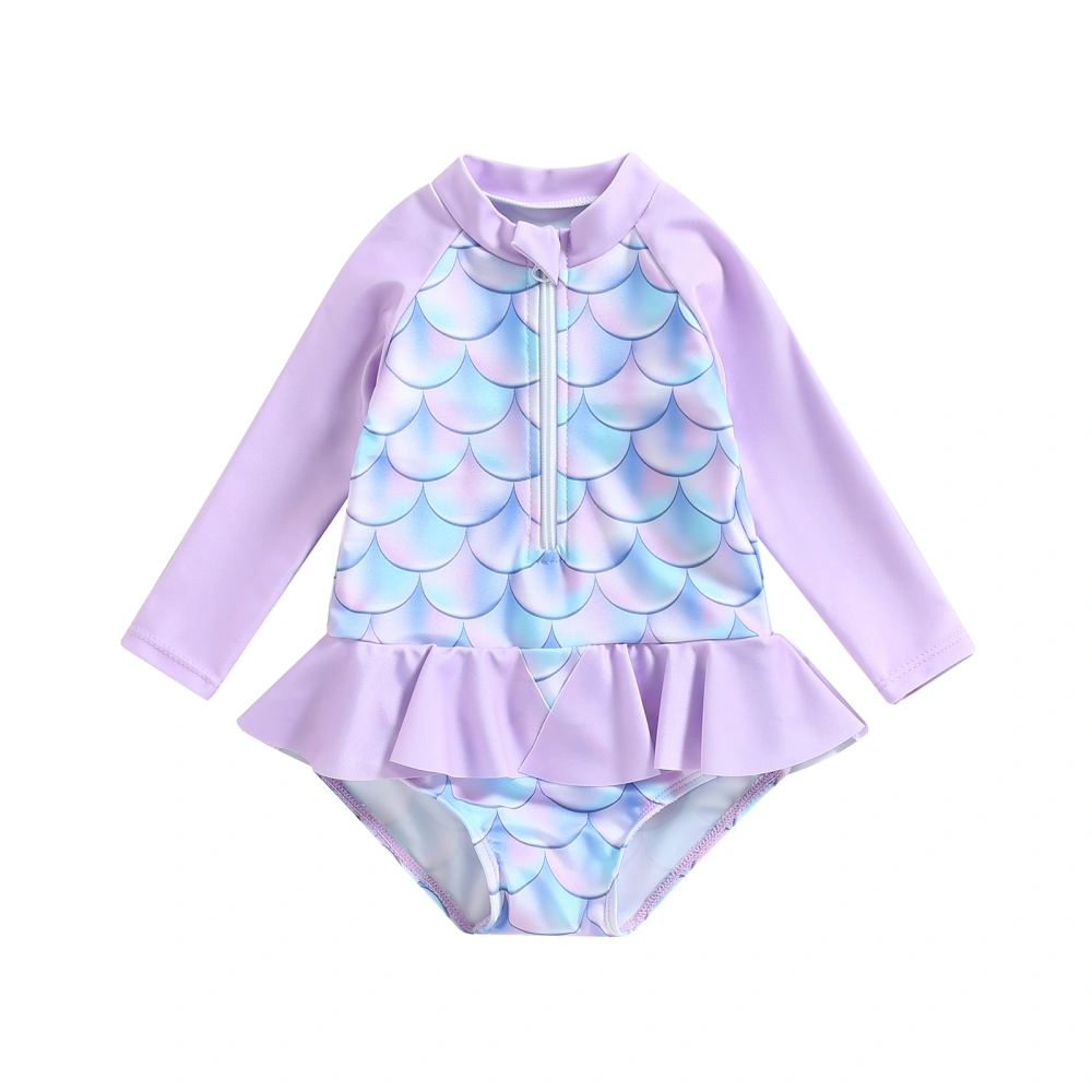 Toddler Girls Jumpsuit Swimsuit, Fish Scale Print Long Sleeve Round Neck Half Zipper Ruffle Bathing Suit