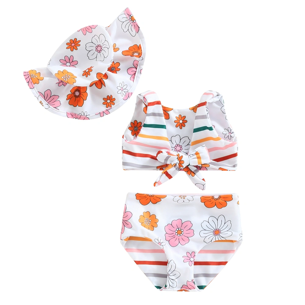 Kid Girls 3Pcs Swimsuit, Sleeveless V Neck Floral Print Vest Summer Beach Girls Swimwear Shorts + Hat