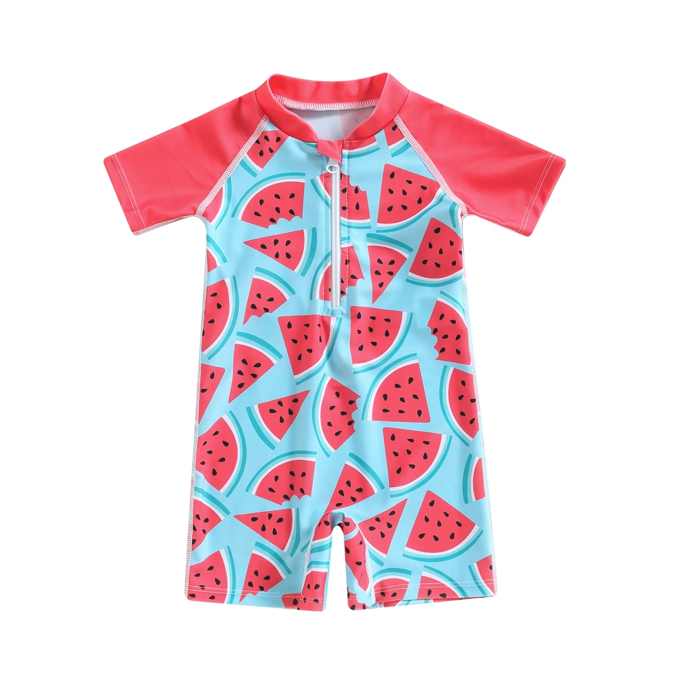 Kids Girls Bikini, Short Sleeve Zipped Watermelon Print Patchwork Swimsuit for Summer Beach