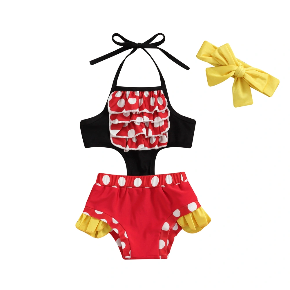 Toddler Girls Summer One-piece Swimwear Sleeveless Hanging Neck Dot Print Bathing Suit + Headband