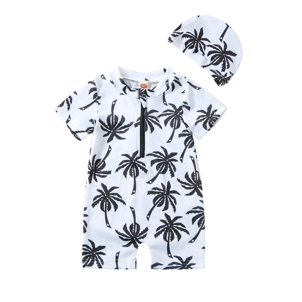 Baby Boy Swimsuit with Hat, Cartoon Tree Print Short Sleeve Round Neck Half Zipper Jumpsuit Bathing Suit