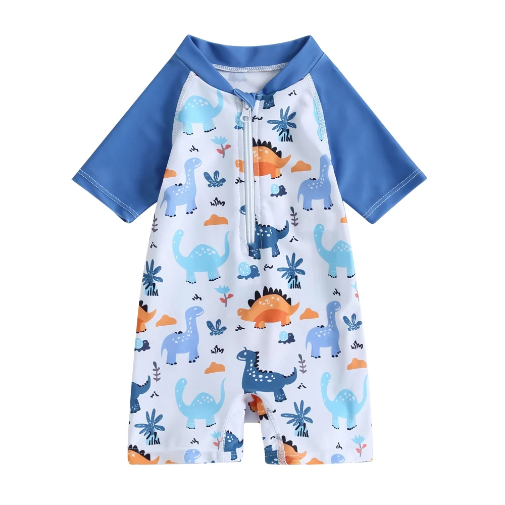 Toddler Baby Rash Guard Swimsuit Cute Dinosaur Print Short Sleeve Zip Up Bathing Suit Swimwear