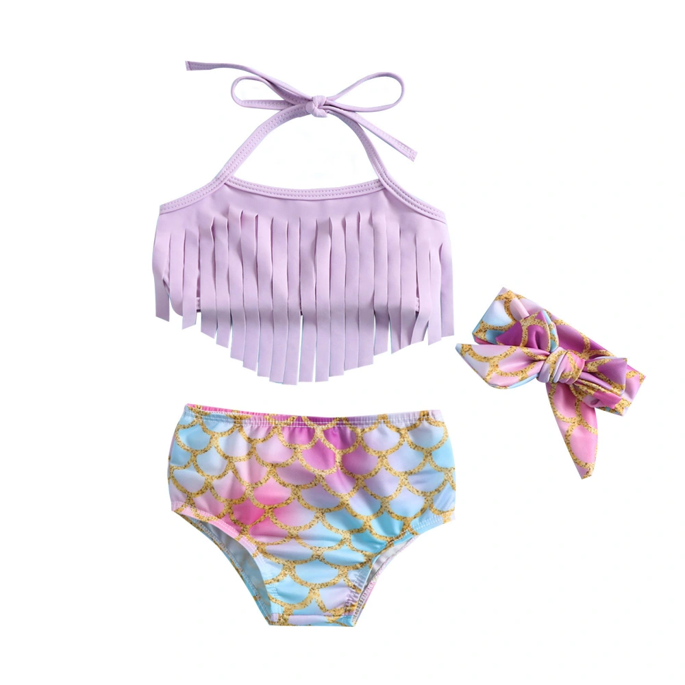 Baby Girls Three Piece Swimsuits, Halter Tassel Tops + Bikini Bottom + Headband Set