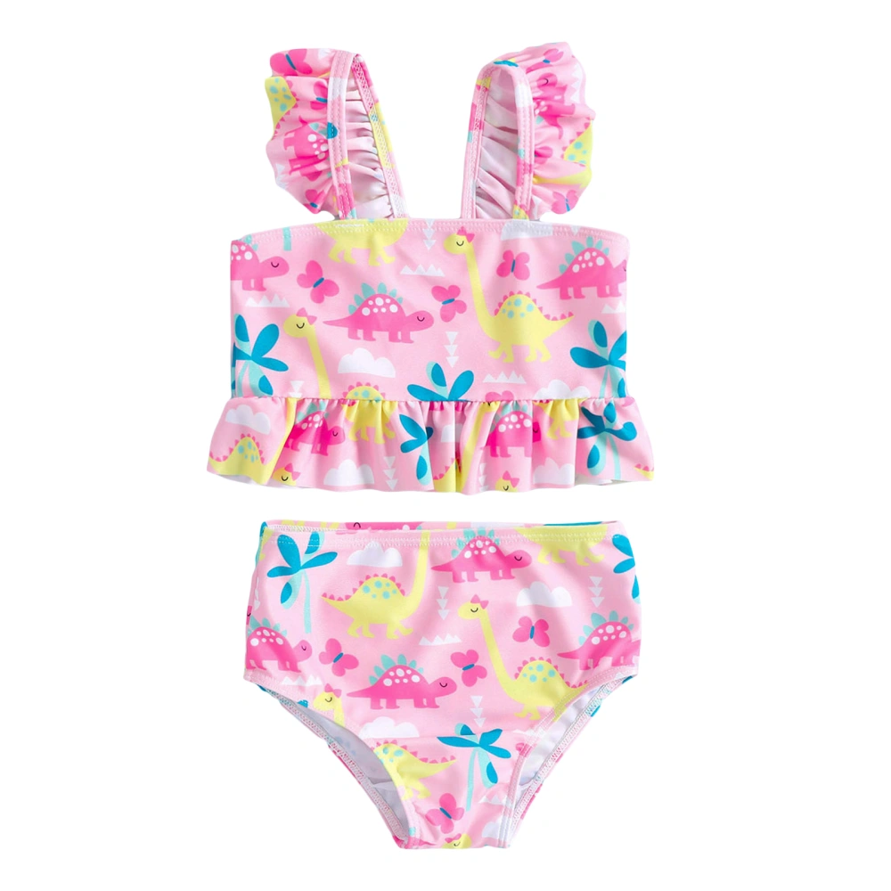 Toddler Girls Summer 2PCS Outfit Sets Ruffle Sleeve Dinosaur Print Swimwear Tops + High Waist PP Shorts