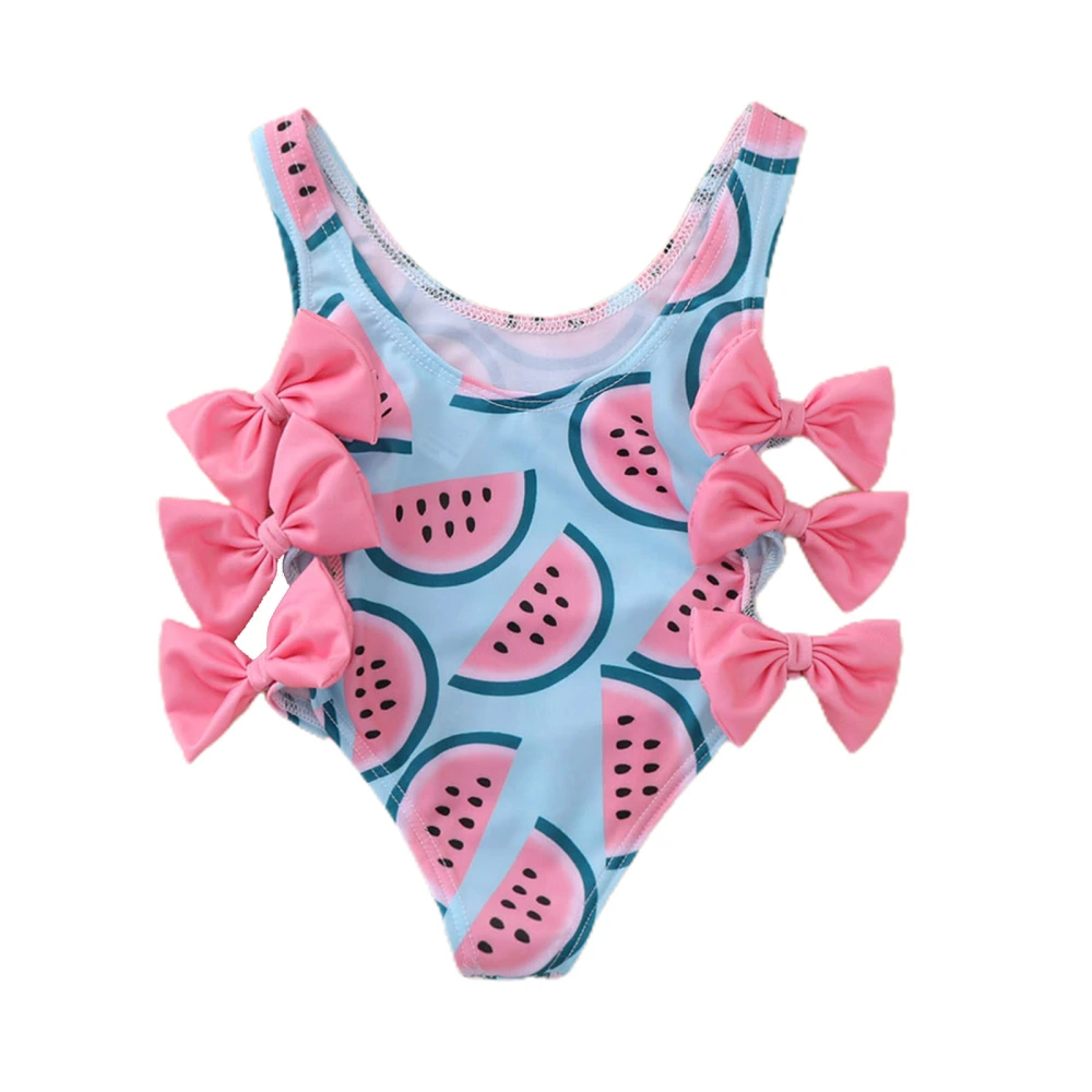 Newborn One-piece Swimsuit, Baby Girl Watermelon Print U-shaped Neck Swimwear with Bowknot