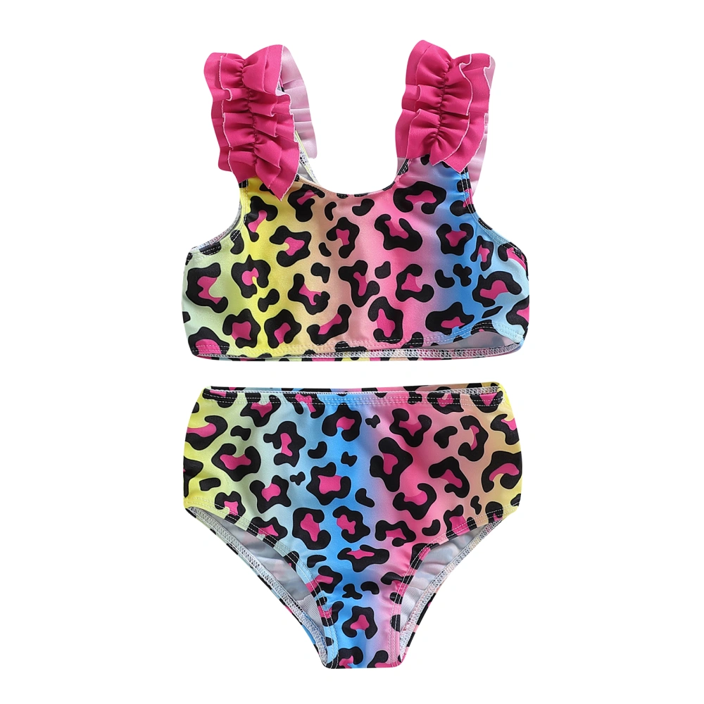 Kids Girl 2pcs Swimsuits Summer Leopard/ Heart Dot Print Sleeveless Tank Tops with Beach Shorts Swimwear