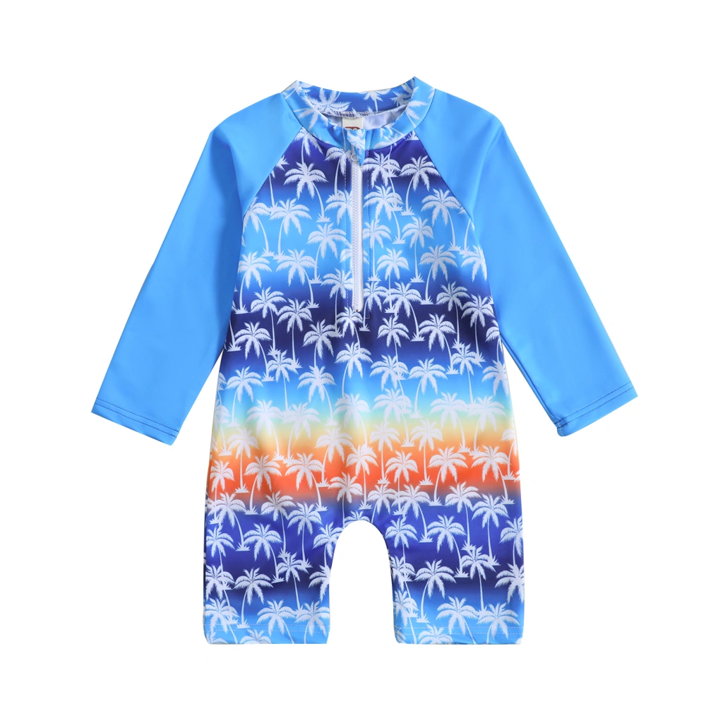 Kids Boys Rash Guard Swimsuit, Long Sleeve Stand Collar Coconut Tree Print Swimwear