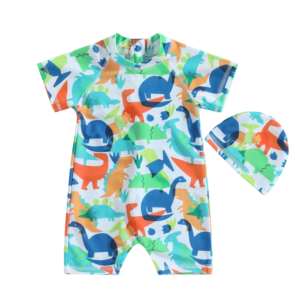 Kid Boy Swimming Romper, Beach Summer Swimwear Short Sleeves Round Neck Cartoon Dinosaur Print Swimsuit Shorts + Cap