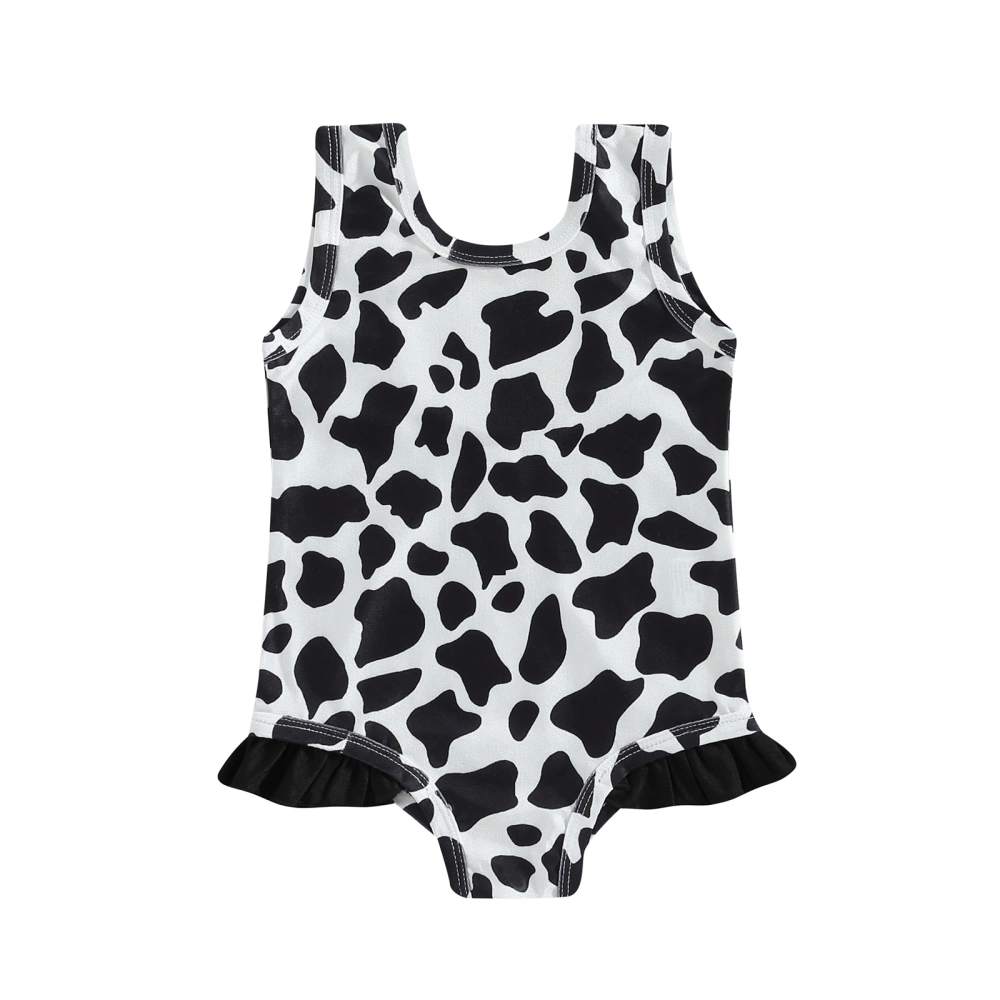 Toddler Girls Summer Romper Bathing Suit Sleeveless Round Neck Letter/Cow Print Swimwear