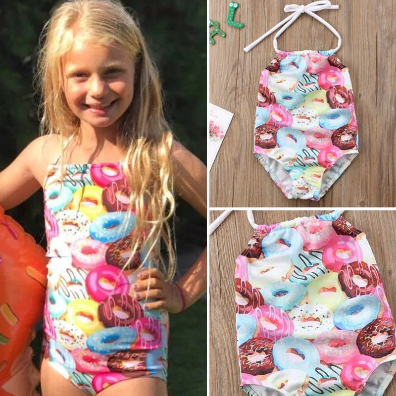 Toddler Kids Baby Girls One Piece Monokini Swimwear, Donuts Colorful Printed Halter Swimsuit Bathing Suit