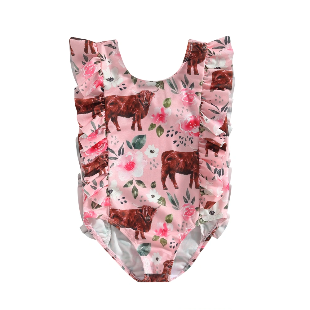 Kids Baby Girls Summer Swimsuit, Sleeveless Cow Floral Print Ruffle Bathing Suit