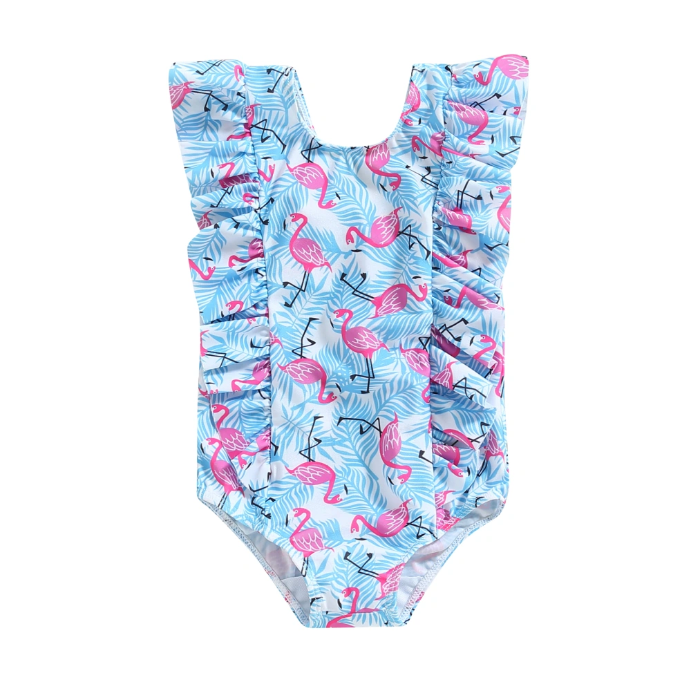 Toddler Baby Girls Summer Bikini Jumpsuit, Cartoon Dinosaur/Flamingo/Leaf Print Ruffled Sleeveless Round Neck Swimsuit