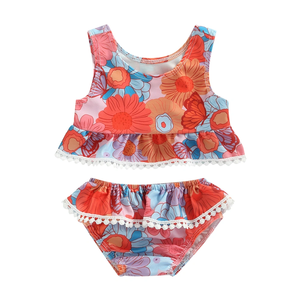 Toddler Girls Summer Bikini Set, Floral Print Sleeveless Crew Neck A-Line Tank Tops + Ruffle Triangle Shorts Swimsuit