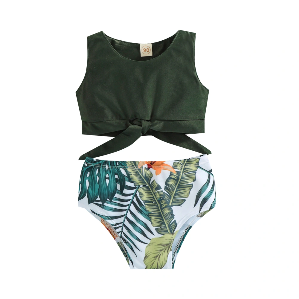 2 Pieces Kids Swimsuit, Solid Color Round Neck Vest+ Leaf Print High Waist Panties for Toddler