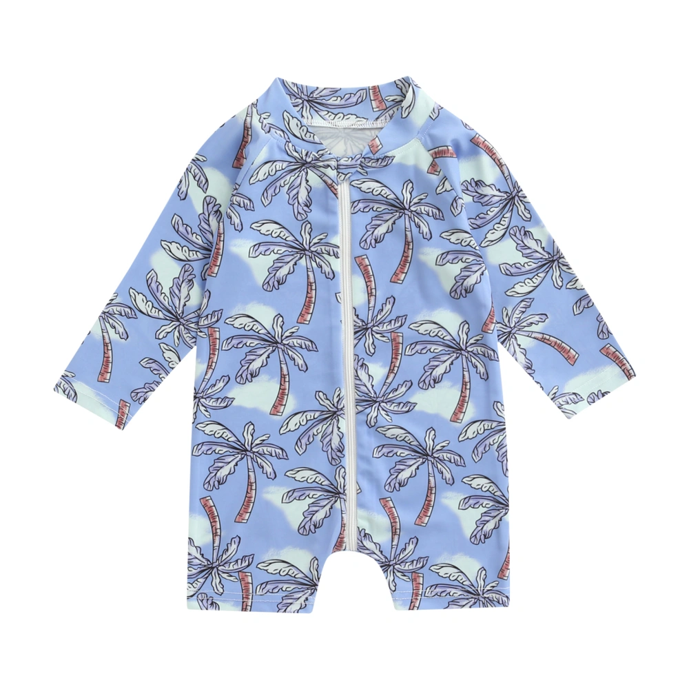 Children Baby Swimwear One Piece, Girl Boy Coconut Tree / Sun Moon / Coral Pattern Long Sleeve Zipper Front Bathing Suit