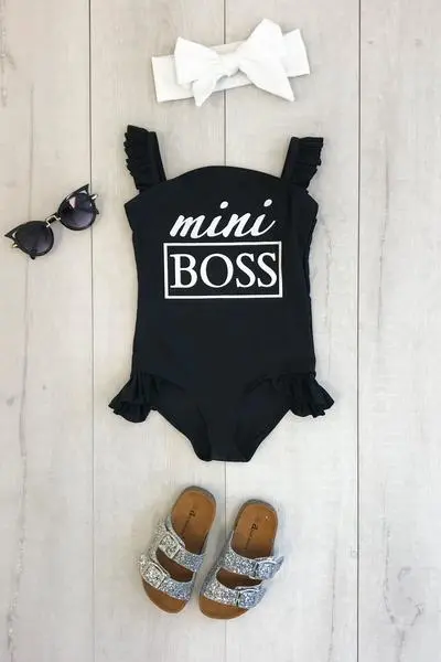 Baby Girls One-Piece Skirt Swimsuit, Toddler Girl Mini Boss Letter Sleeveless Ruffle Bathing Suits