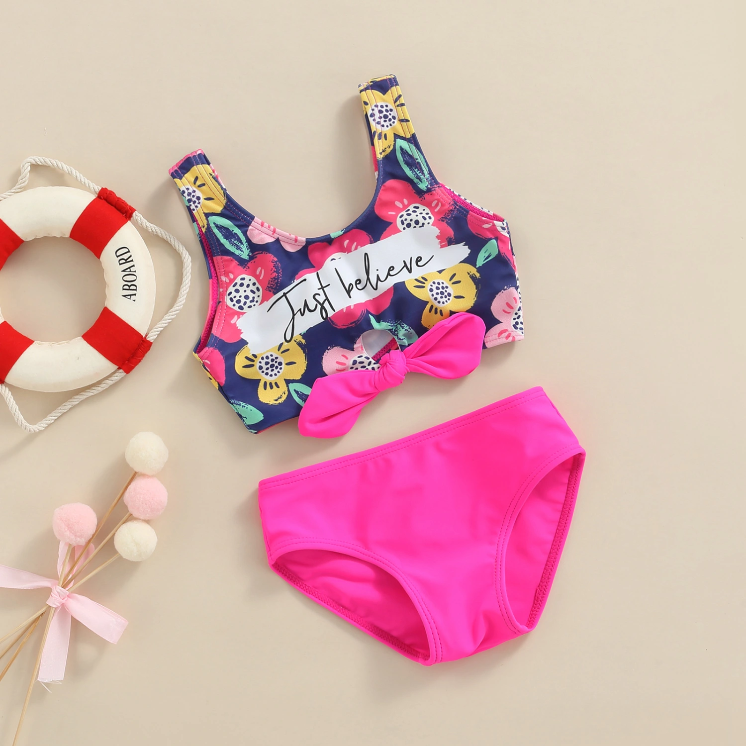 Girl´s Two Pieces Swimwear Suit, Letter Floral Print Front Twist Knot Vest Tops with Underpants