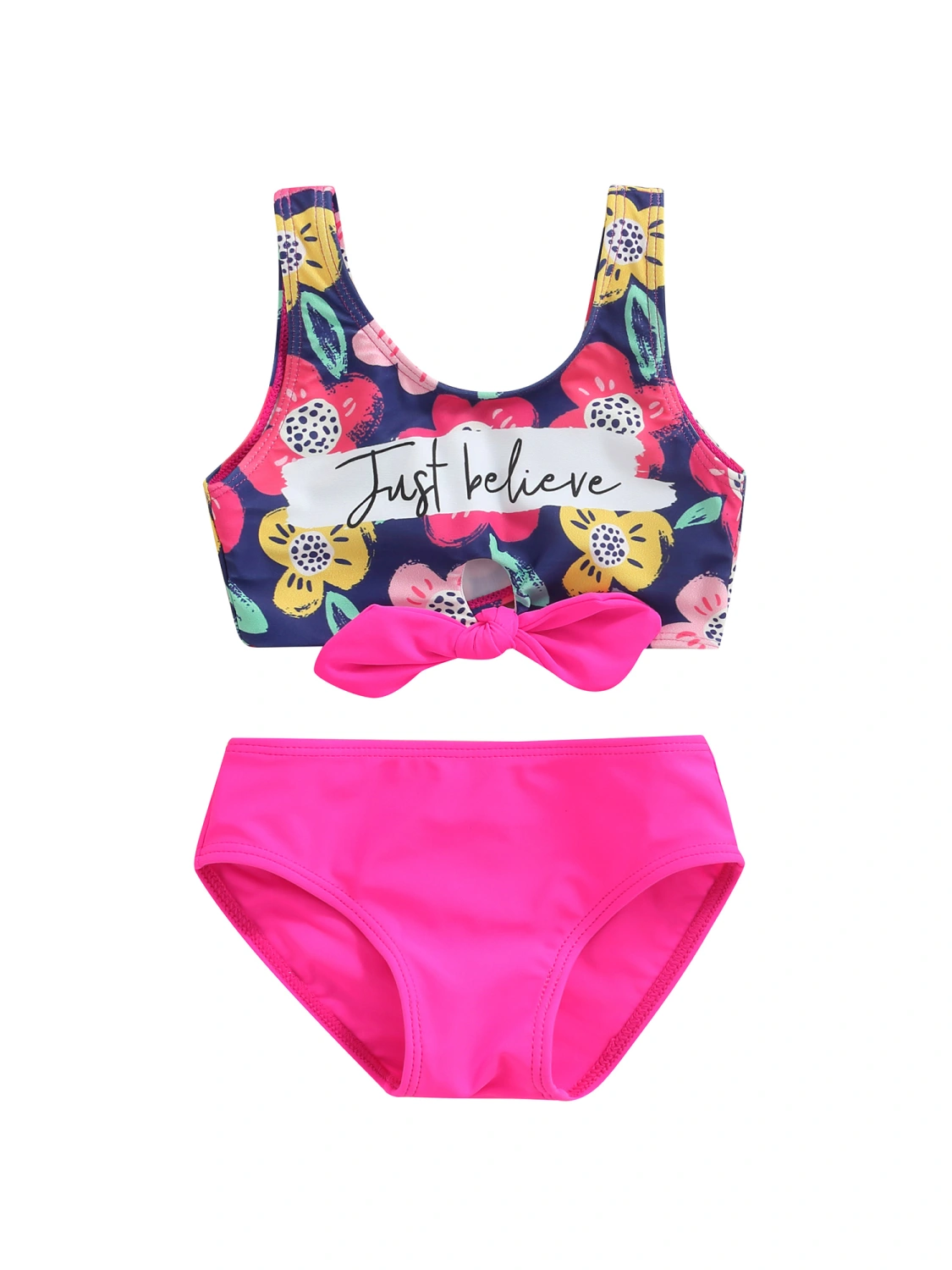 Girl´s Two Pieces Swimwear Suit, Letter Floral Print Front Twist Knot Vest Tops with Underpants