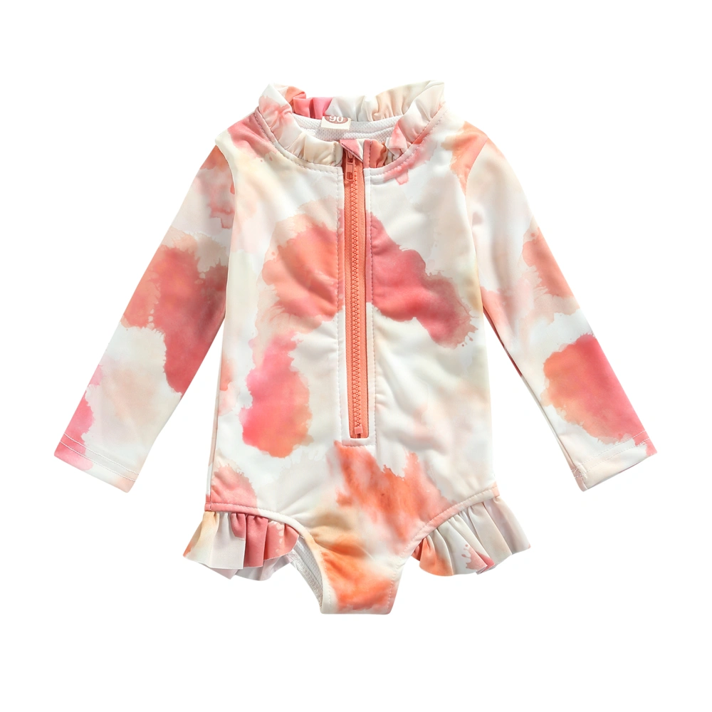 Children One-piece Tie-dye Swimsuit, Girls Long Sleeve O-neck Zip-up Swimwear with Ruffles