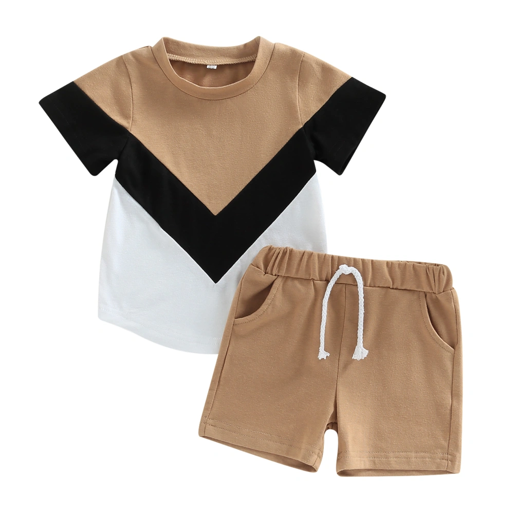 Kid Boy Shirt Pants Suit Short Sleeve Round Neck Patch Color Tops Short Drawstring Pants