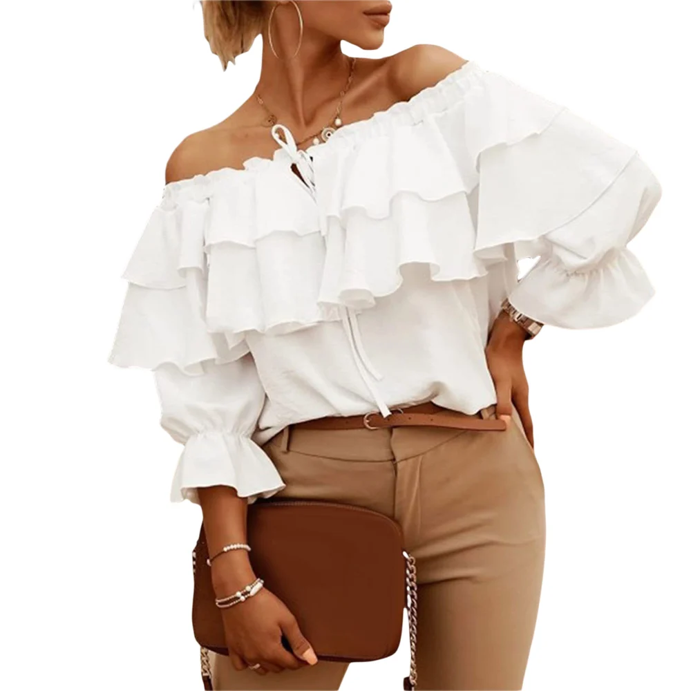 Women Fashion Wild Shirts Solid Color Boat-Neck Off-Shoulder Half Sleeve Chiffon Blouses Summer Casual Ruffles Tie-Up Tops