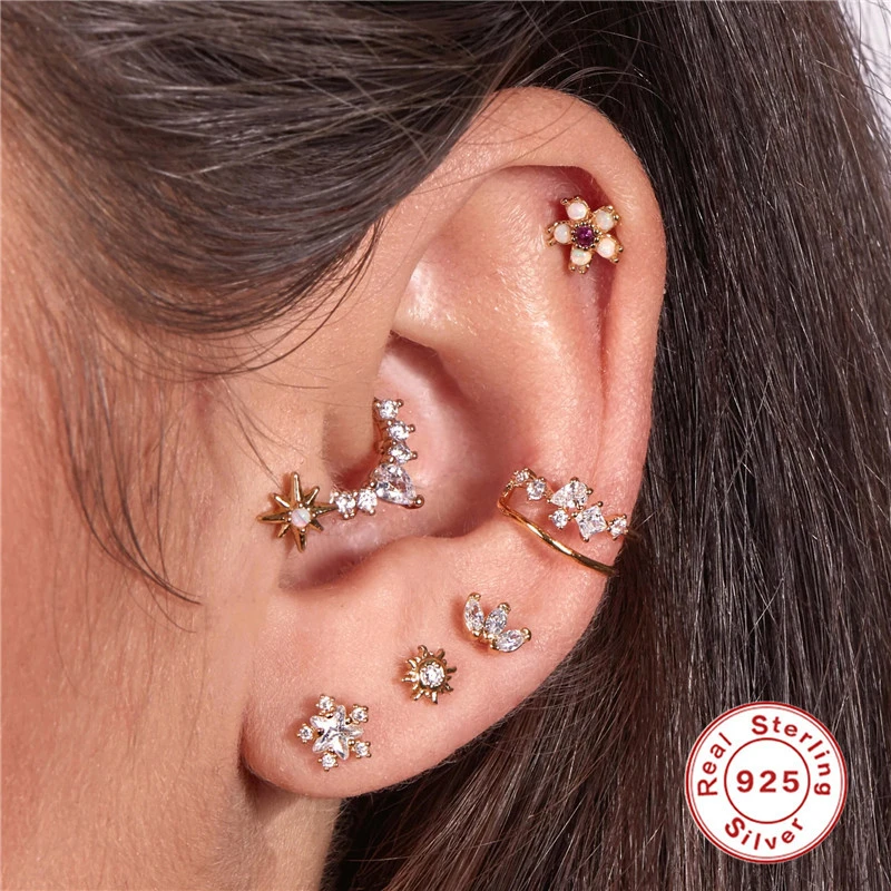 S925 Sterling Silver Diamond-embedded Cartilage Puncture Earclip Earrings