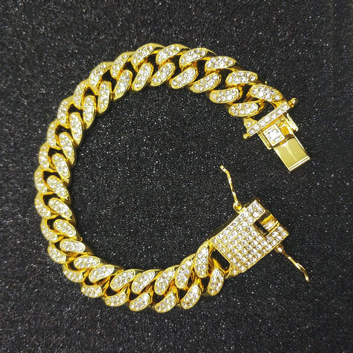 Hip Hop Men Cuban Link Chain Bracelet Shiny Rhinestone Inlaid Bangle Jewelry