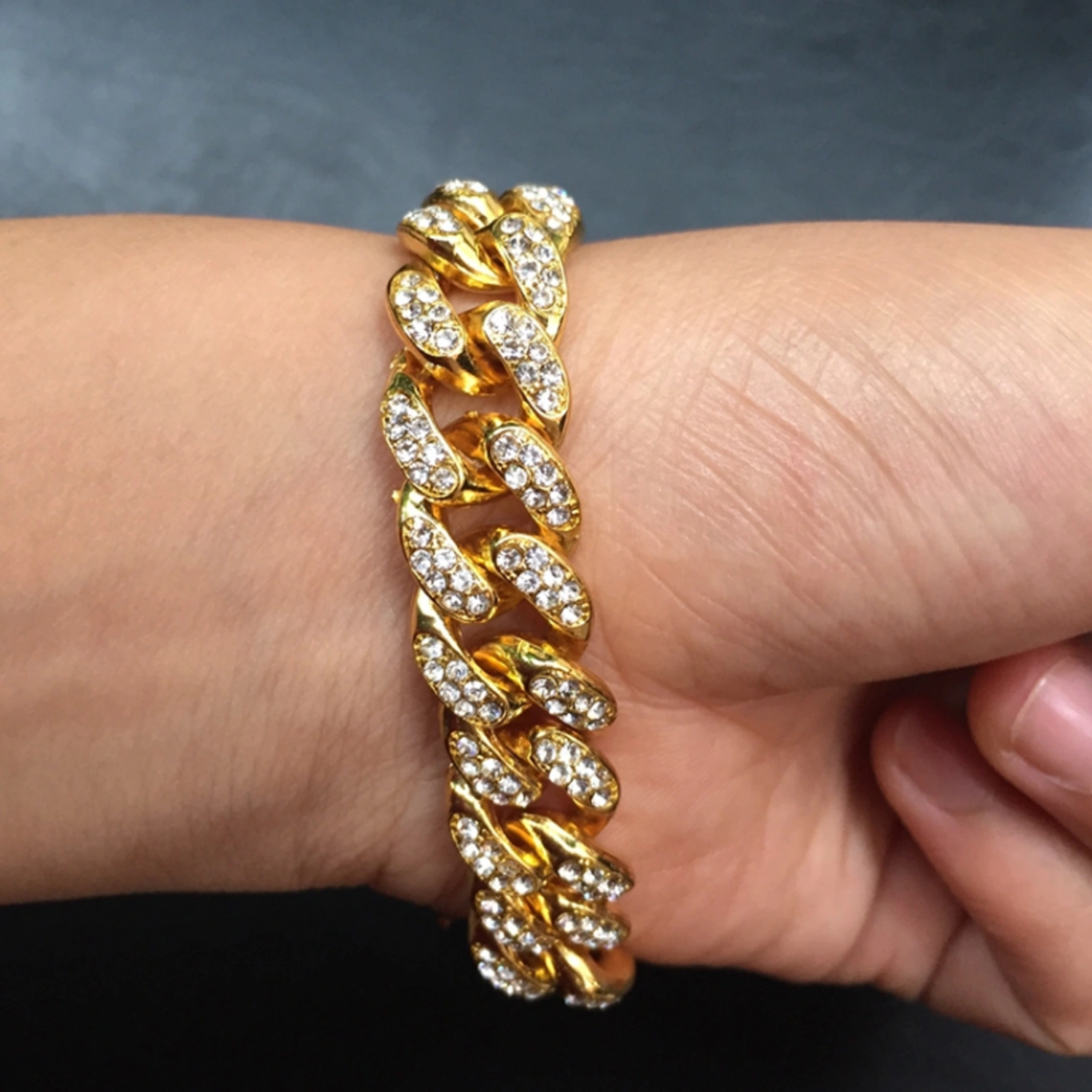 Hip Hop Men Cuban Link Chain Bracelet Shiny Rhinestone Inlaid Bangle Jewelry
