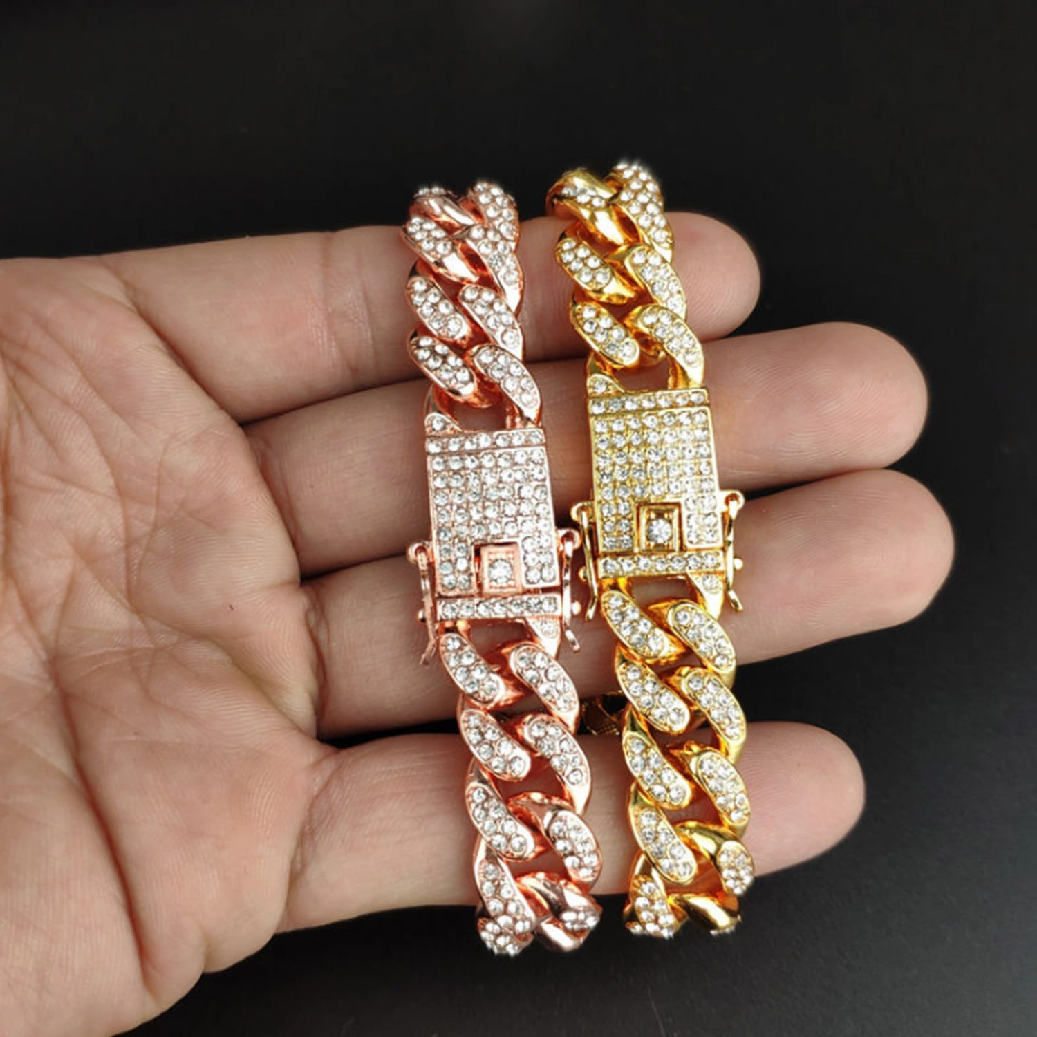 Hip Hop Men Cuban Link Chain Bracelet Shiny Rhinestone Inlaid Bangle Jewelry