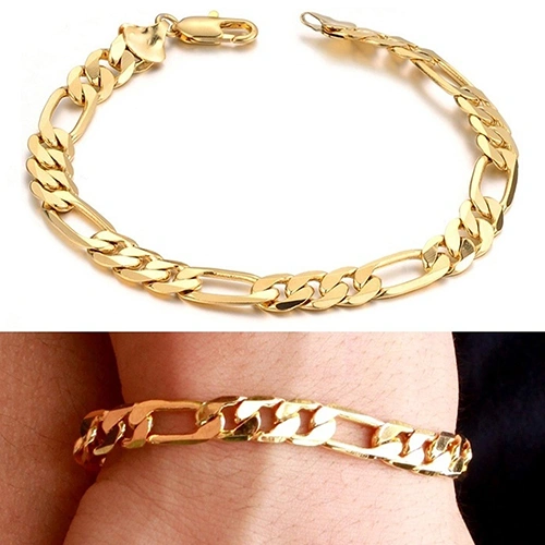 Luxury Men's 18K Gold Plated 7mm Wide Flat Chain Bracelet Jewelry Gifts