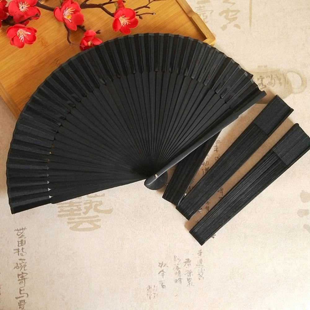 Men Black Foldable Fan Black Bamboo Bone Gentleman Elegant Handheld Fabric Fan Chinese Style Folding Fan (One Fan + One PP Bag)