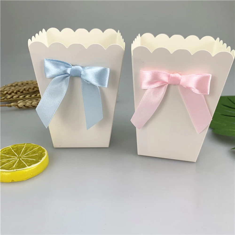 12pcs Bow White Popcorn Boxes Candy Snack Printing Treat Box Decoration Container Birthday Baby Showers Wedding Party Favors Supplies Decoration (Pink Bow)