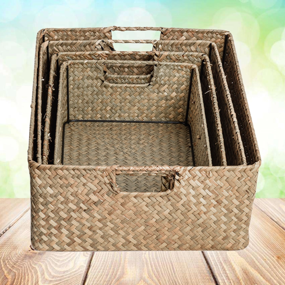 4 Pcs Retro Hand-woven Seaweed Storage Basket Household Rectangular Sundries Organizer Storage Box for Home Clothes (S/M/L/XL, Yellow)