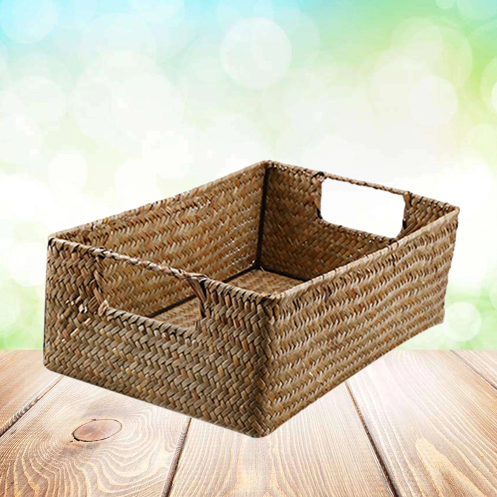 Retro Hand-woven Seaweed Storage Basket Household Rectangular Sundries Organizer Storage Box for Home Clothes - 36X26X12CM (L, Yellow)