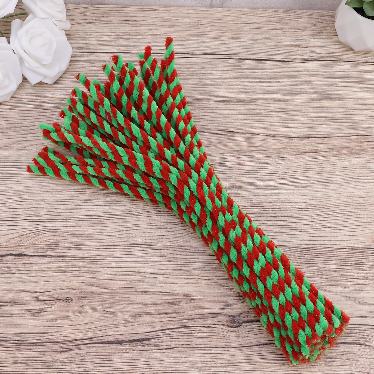 50pcs Two-tone Craft Chenille Stems Red and Green Twistable Stick Kids Pipe Cleaners Child Handcraft Rod Handmade Art DIY Materials Plush Educational Toy